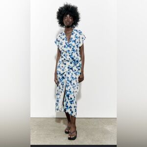 ZARA NWT BLUE ECRU FLORAL PRINT V-NECK MIDI WRAP DRESS WITH TIE BELT, SIZE S